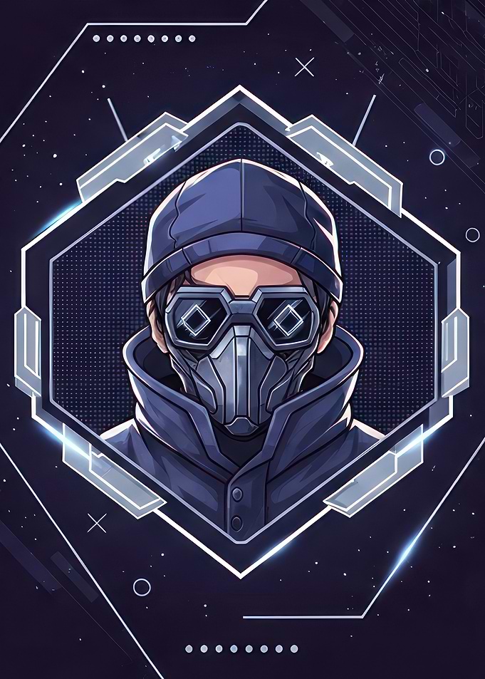 Cyberpunk character with mask and goggles in futuristic frame illustration