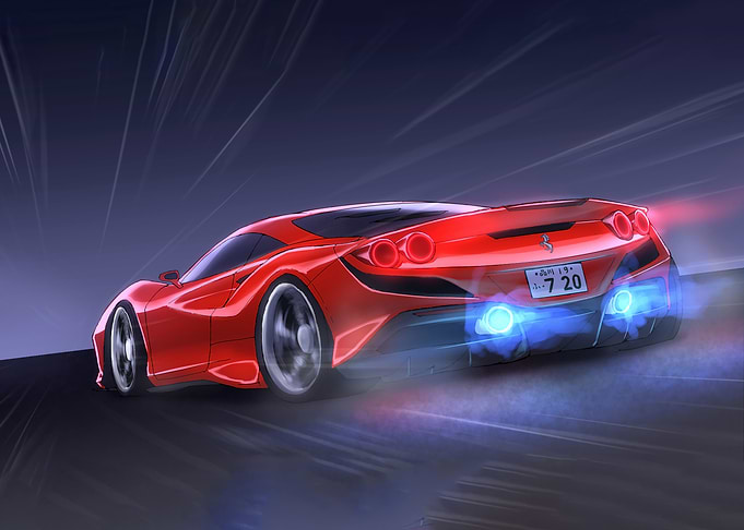 Red Ferrari Speeding with Blue Flames