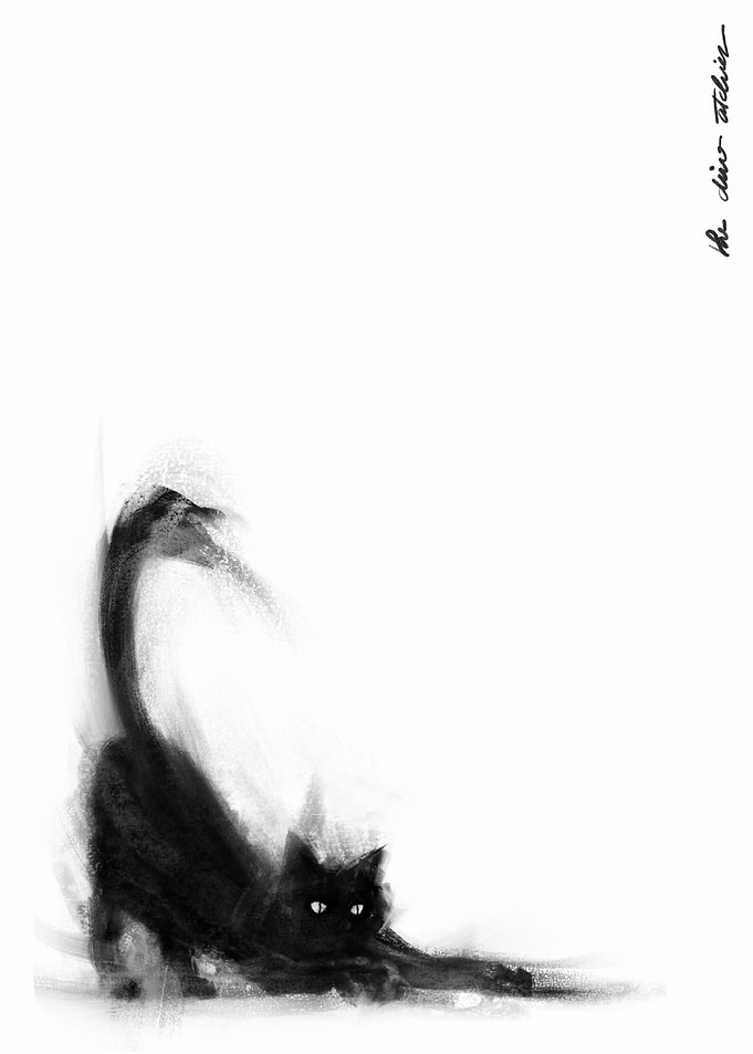 Stretching Black Cat Illustration