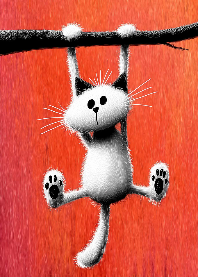 Cartoon Cat Hanging From Branch