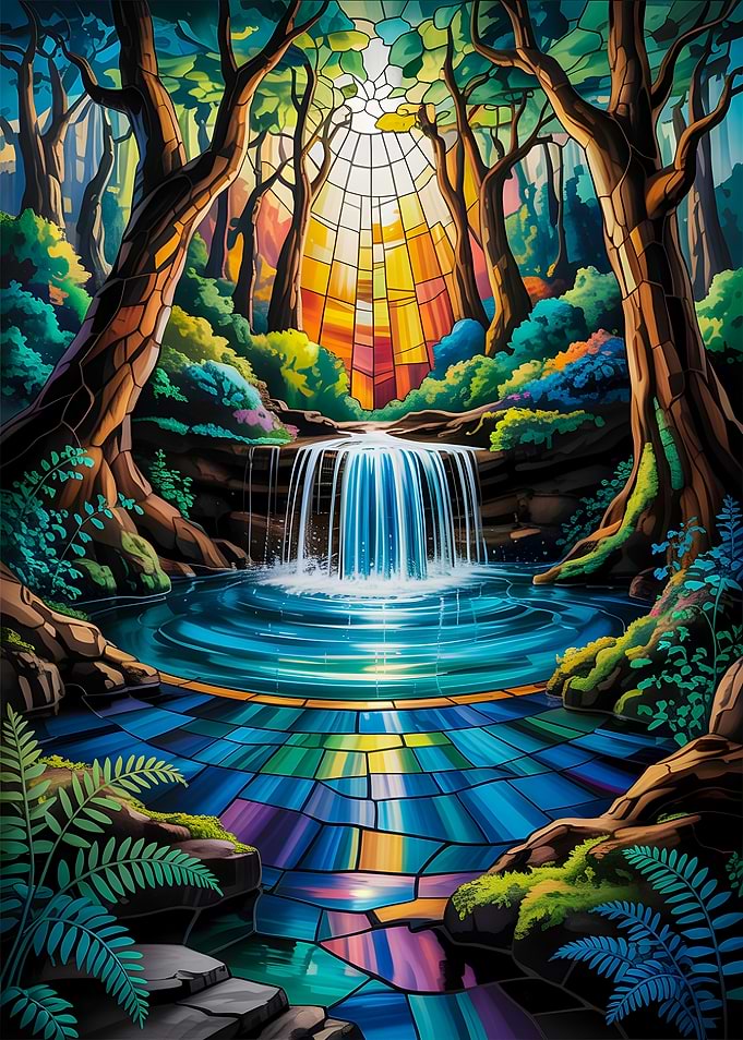 Stained Glass Waterfall Wonder A Luminous Path Through the Enchanted Forest
