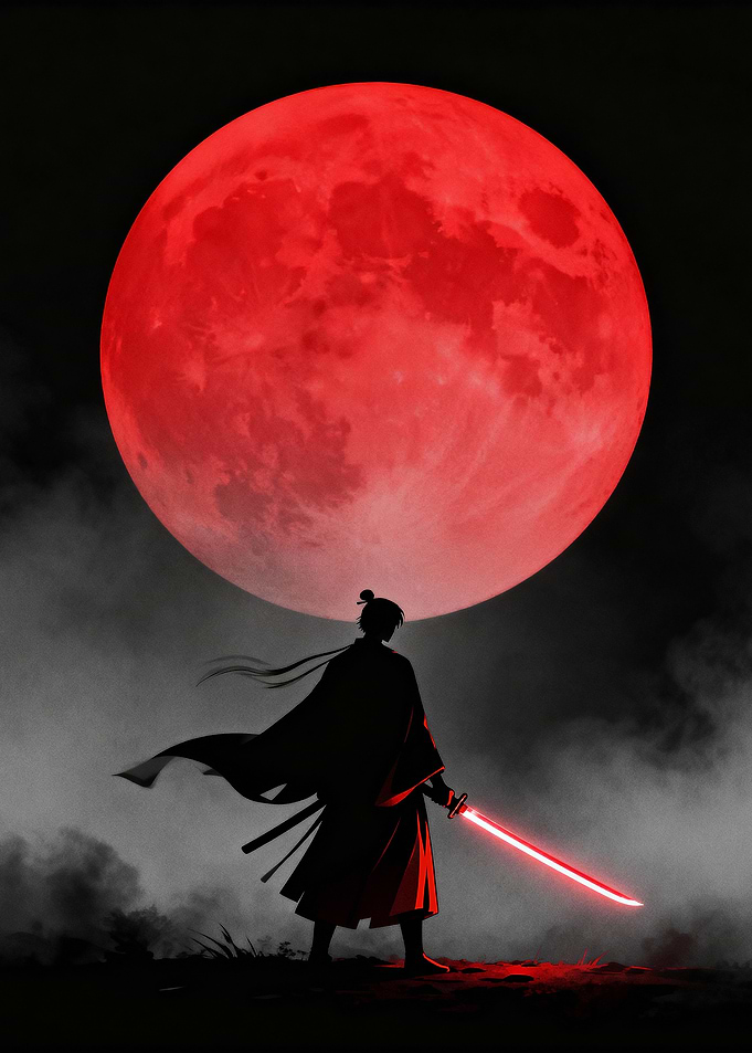 Samurai with Red Sword and Moon