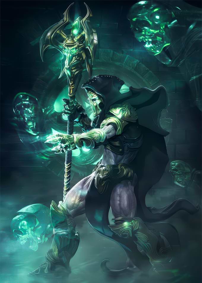 Fantasy Necromancer with Staff and Skulls