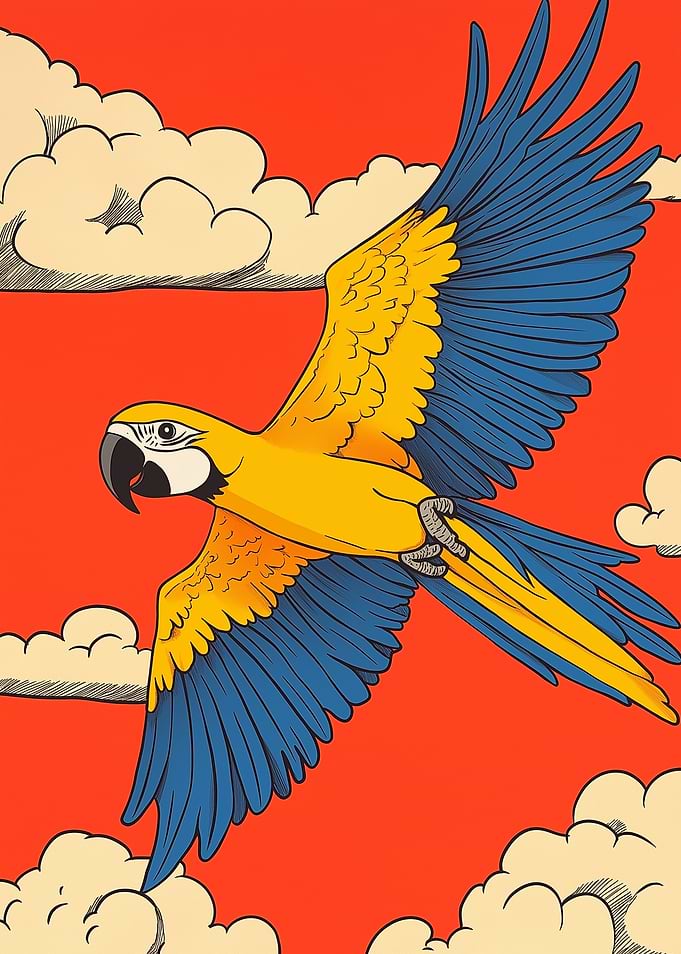 Flying Macaw in Red Sky