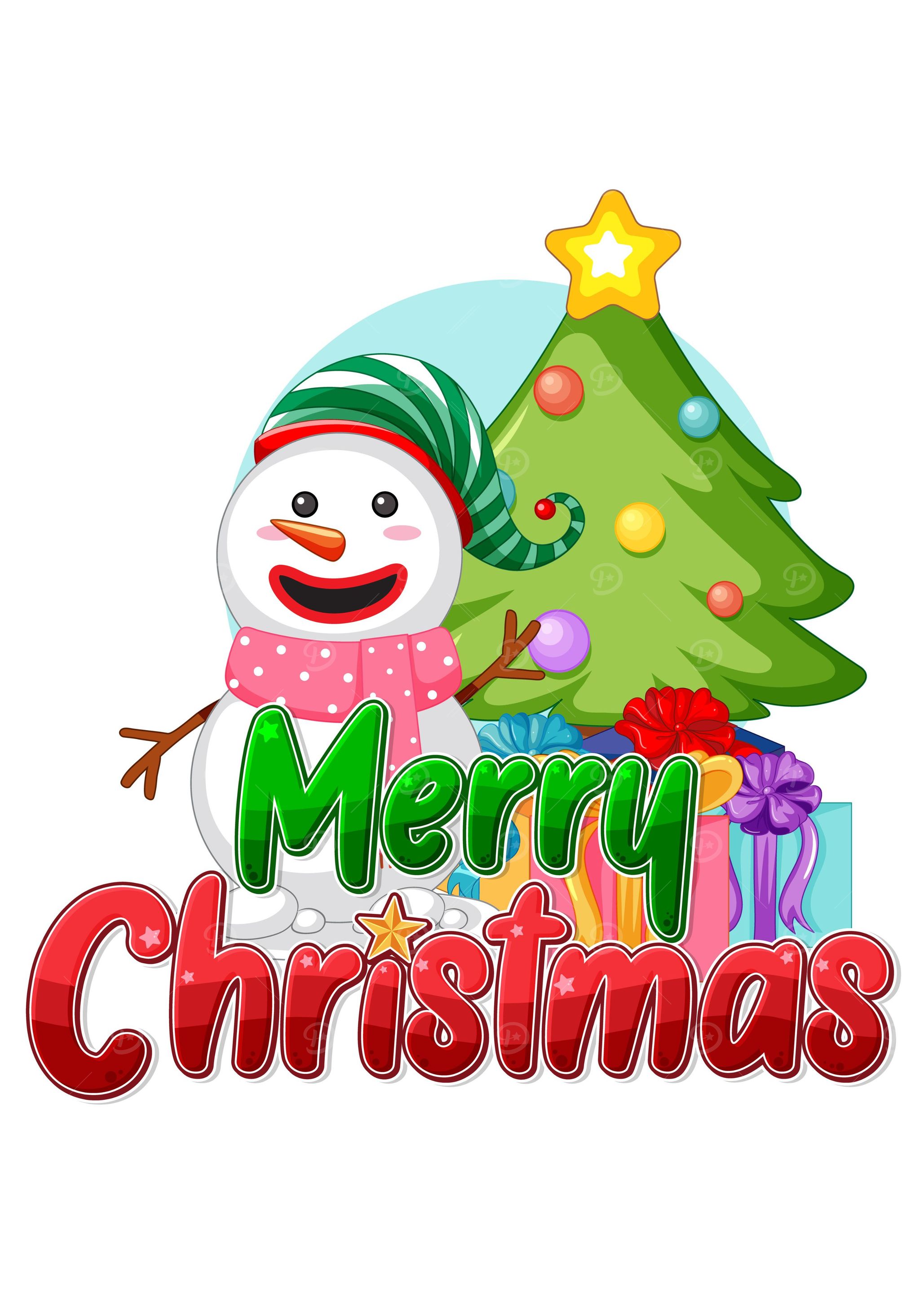 Merry Christmas Cartoon with Snowman and Tree