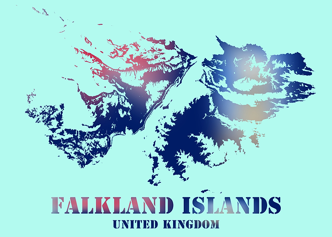 Falkland Islands Topographic Contour Relief Map blending terrain features into its emblematic colorful flag