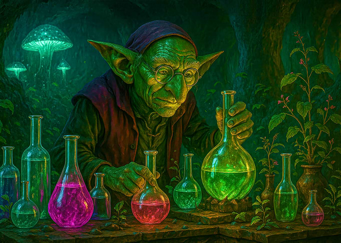 Goblin Alchemist with Glowing Potions