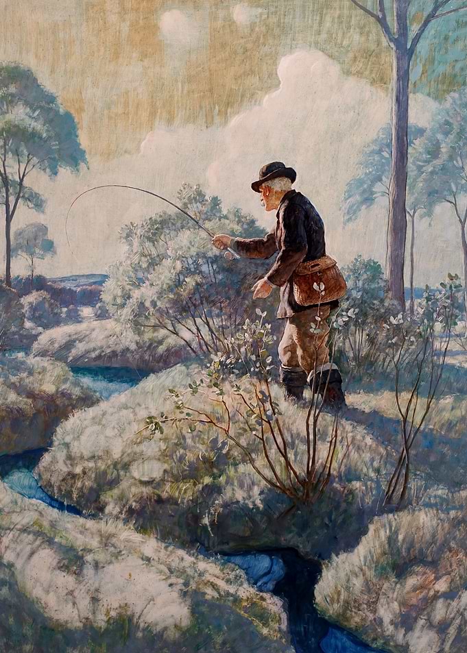 Vintage Painting of a Fly Fisherman