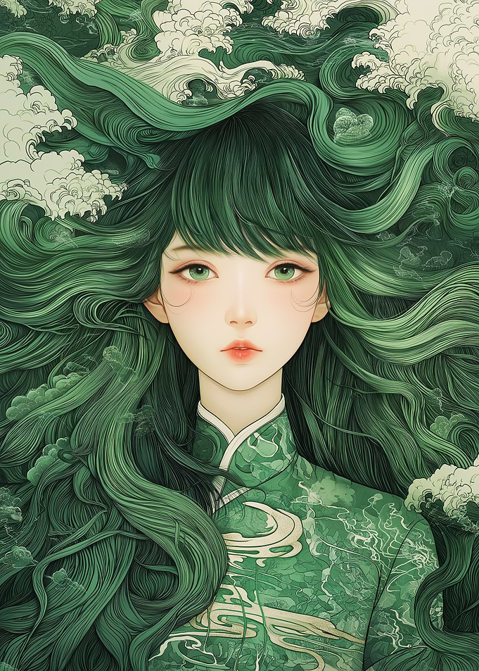 Green Haired Woman with Cloud Hair