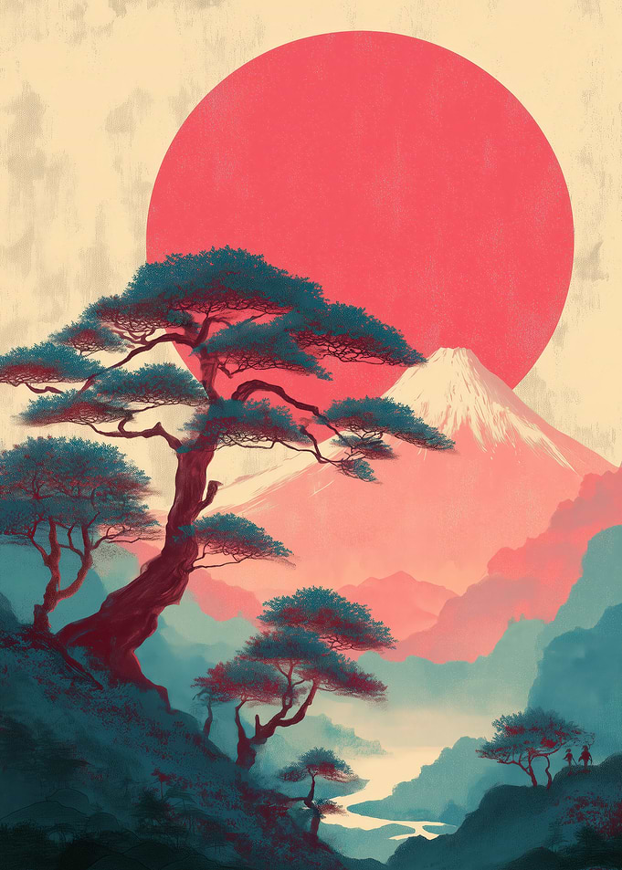 Japanese Landscape with Red Sun