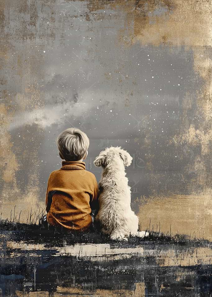 Boy and Dog Stargazing Art