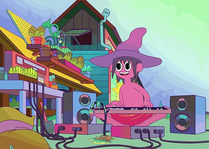 Cartoon Witch Playing Keyboard Outdoors