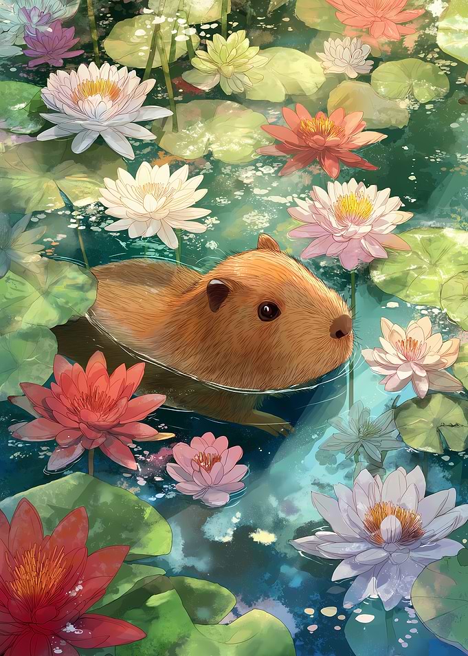 Capybara in a Lily Pond