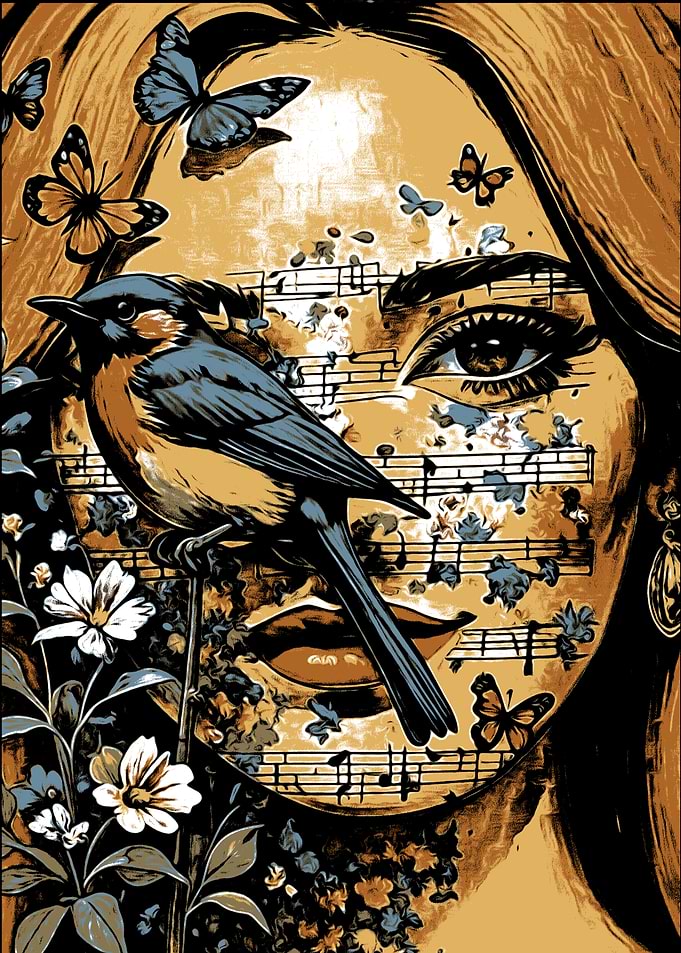 Woman's Face with Bird and Butterflies