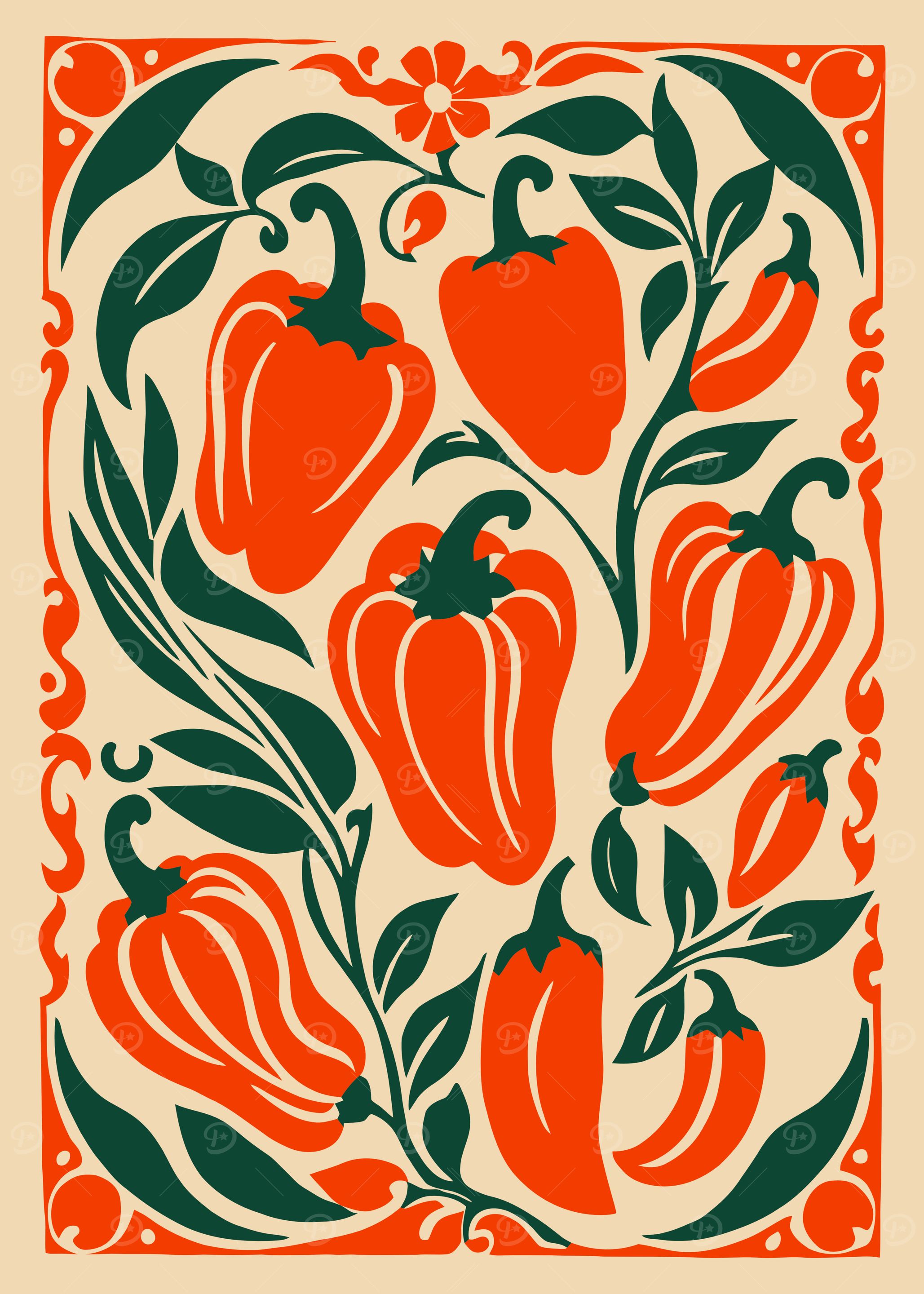 Peppers and Leaves Art Print