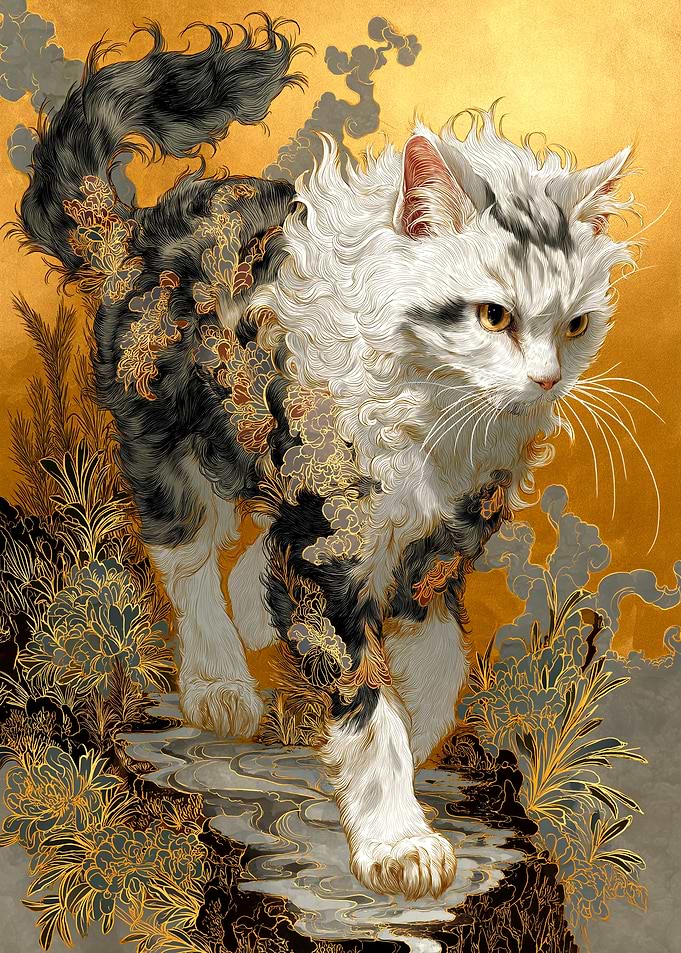 Elegant Cat with Floral Ornamentation
