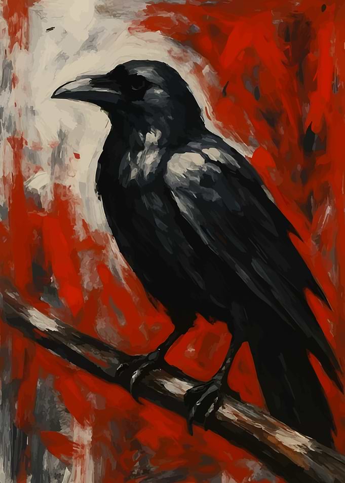 Raven Perched on Branch Painting