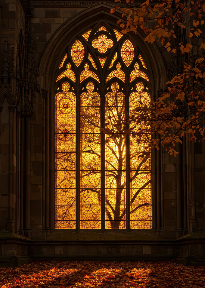 Stained Glass Window with Tree Reflection