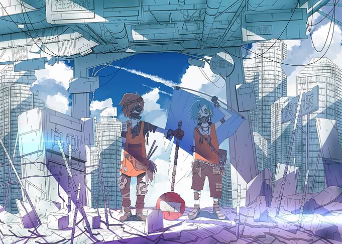 Post-Apocalyptic Anime Duo in Ruined City