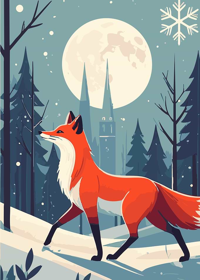 Fox in Winter Landscape Illustration