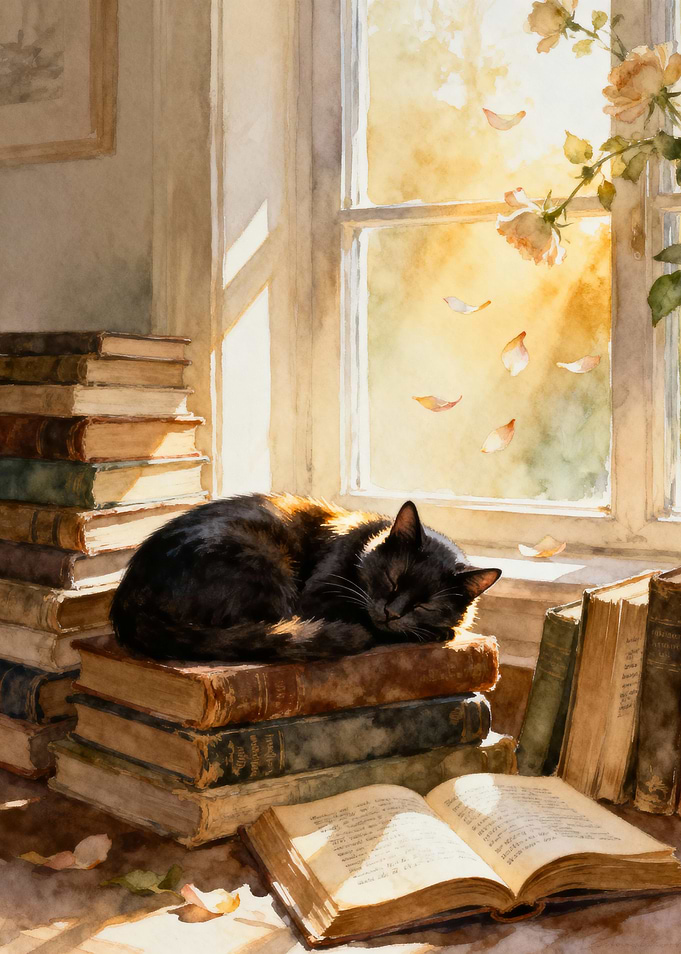 Cat Nap on Books Watercolor Painting
