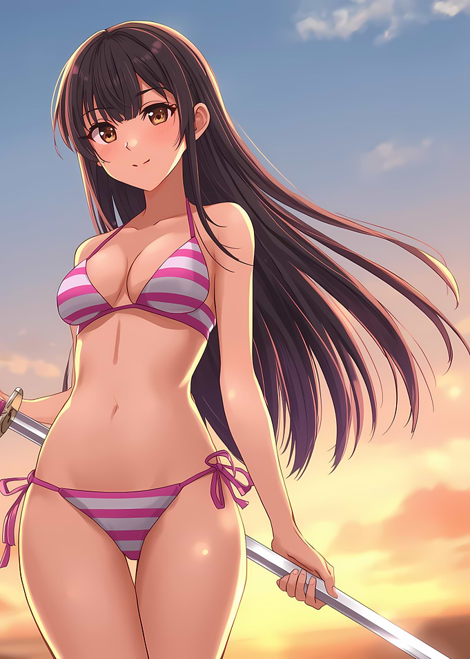 Anime Girl with Sword on Beach