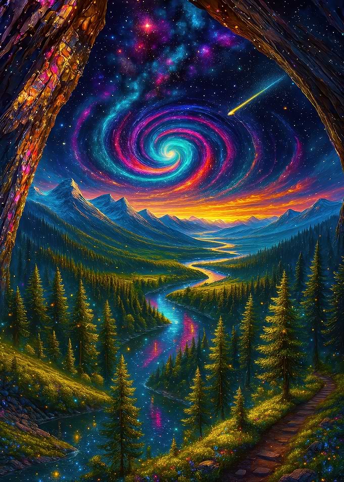 Cosmic Landscape with River and Galaxy