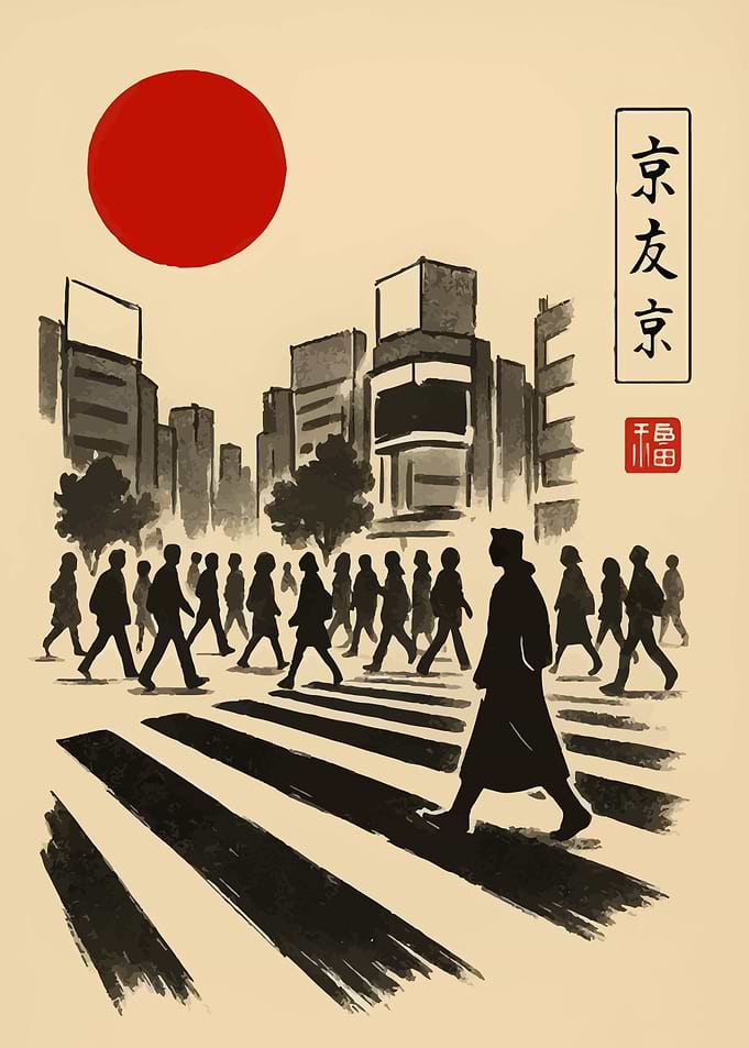Japanese Cityscape with Pedestrians and Sun