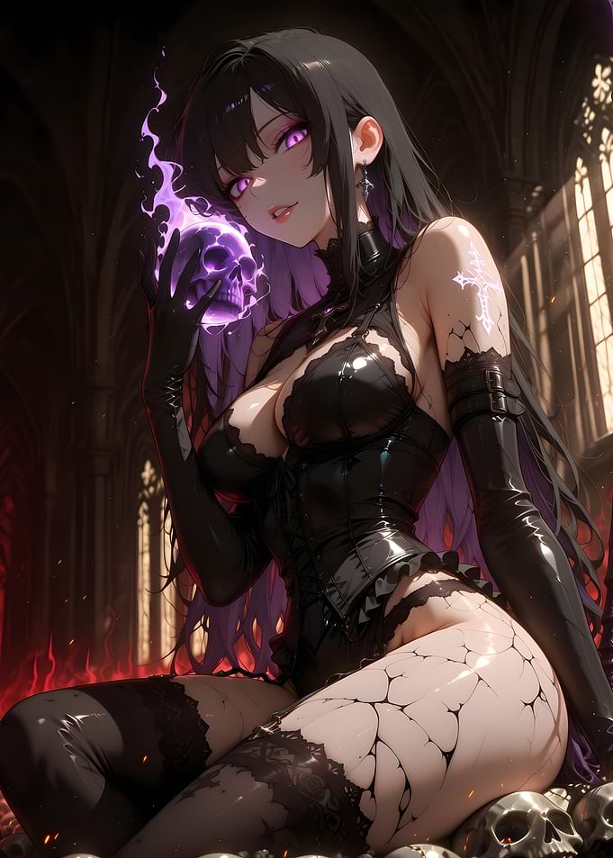 Anime Girl with Skull and Purple Flames