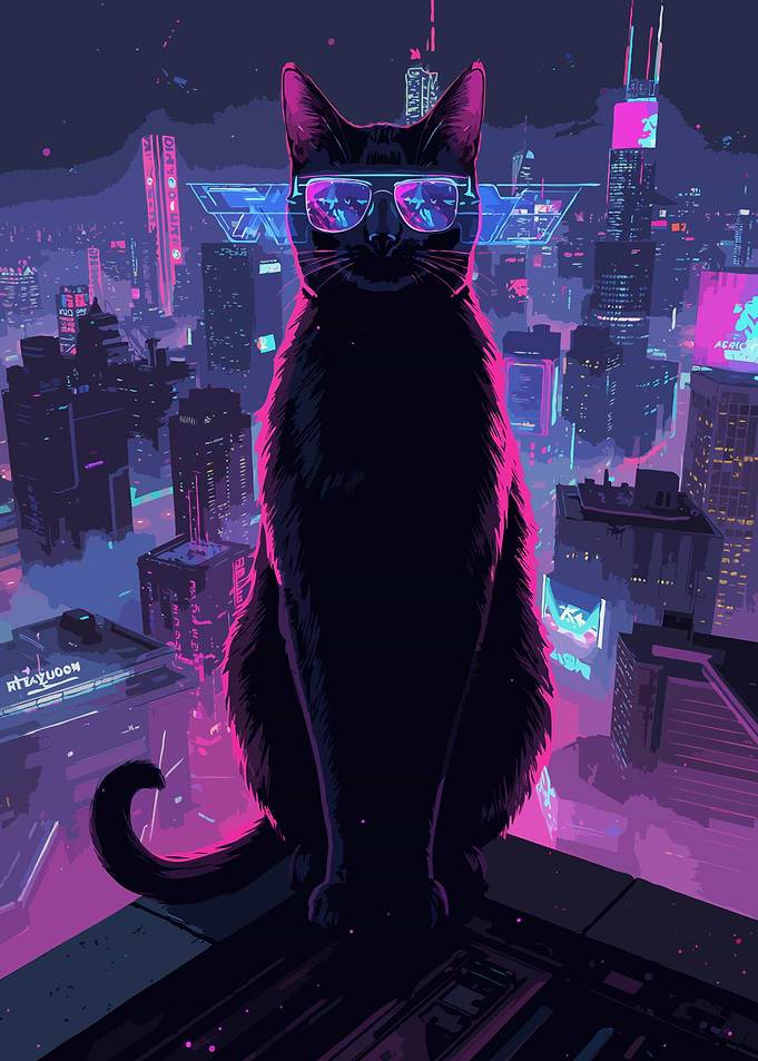Black Cat in Neon Cityscape