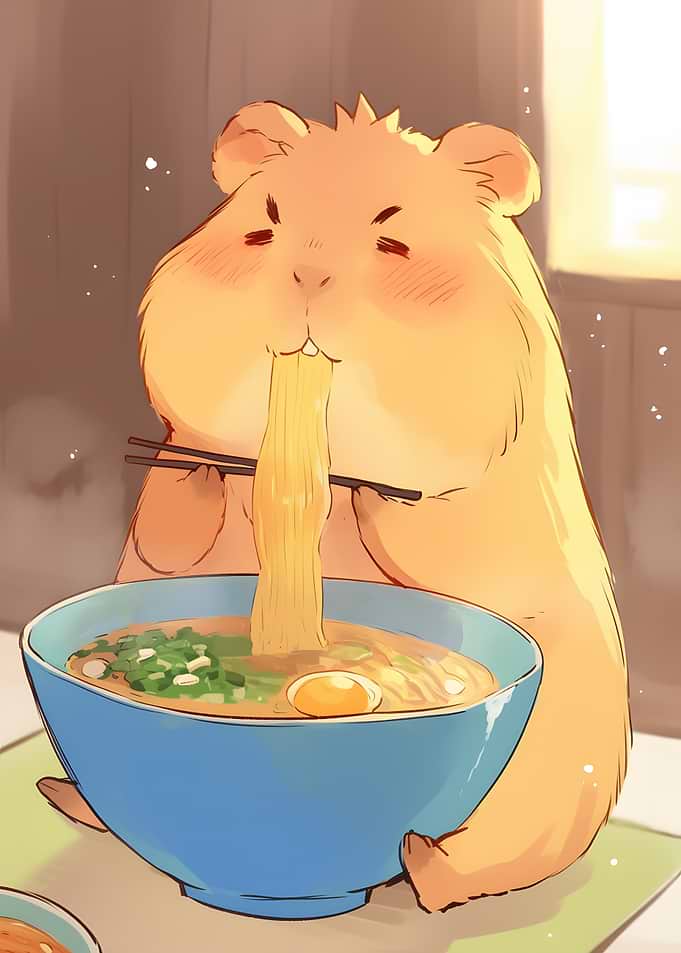 Hamster eating ramen digital art
