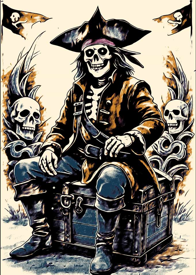 Skeleton Pirate Sitting on Treasure Chest