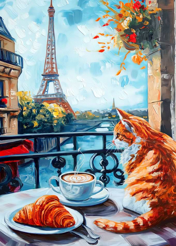 Parisian Balcony with Cat and Croissant
