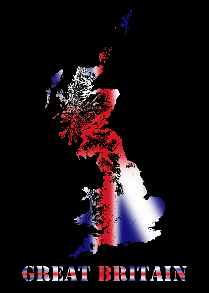 Great Britain Topographic Contour Relief Map blending terrain features into its emblematic colorful flag