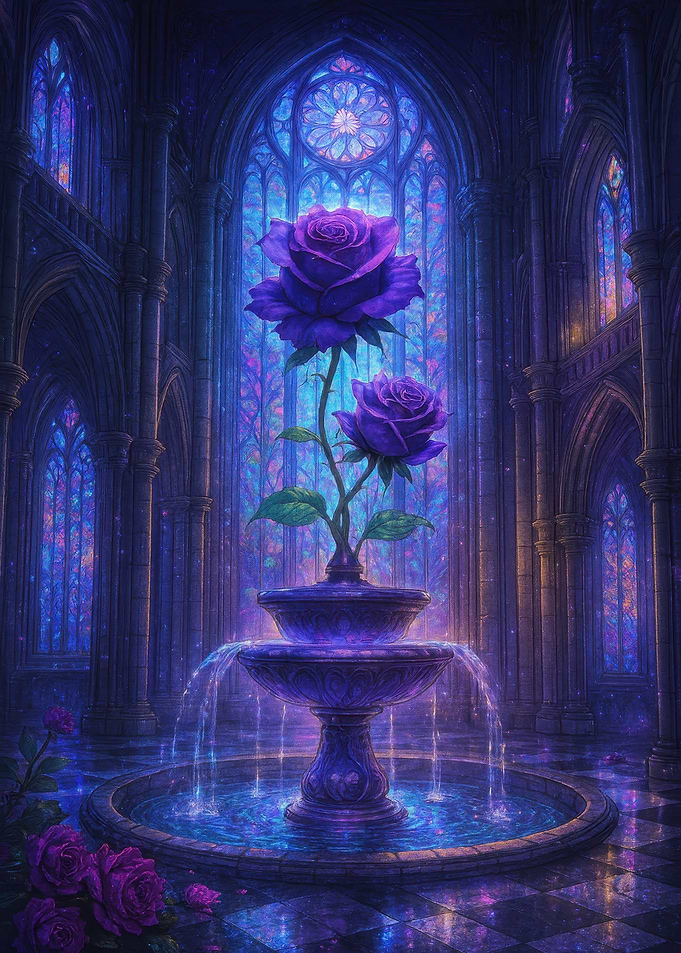 Purple Roses in Gothic Fountain