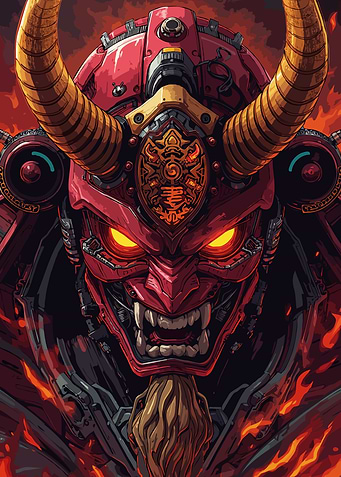 Imagination of Samurai with Red Oni Mask