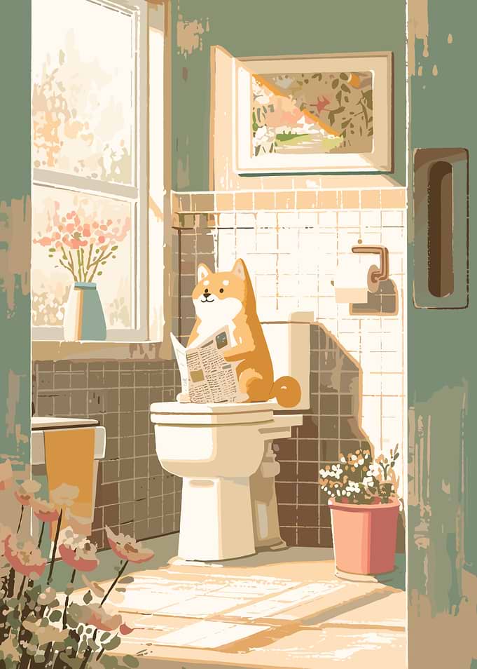 Shiba Inu Reading Newspaper on Toilet
