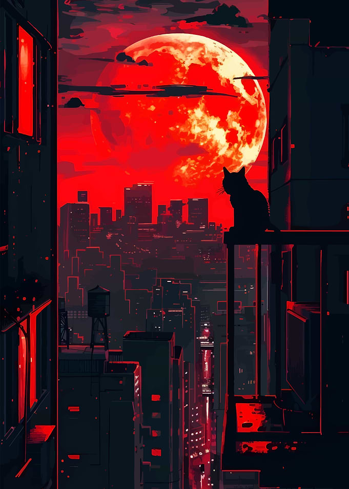 Red Moon Cityscape with Cat Silhouette