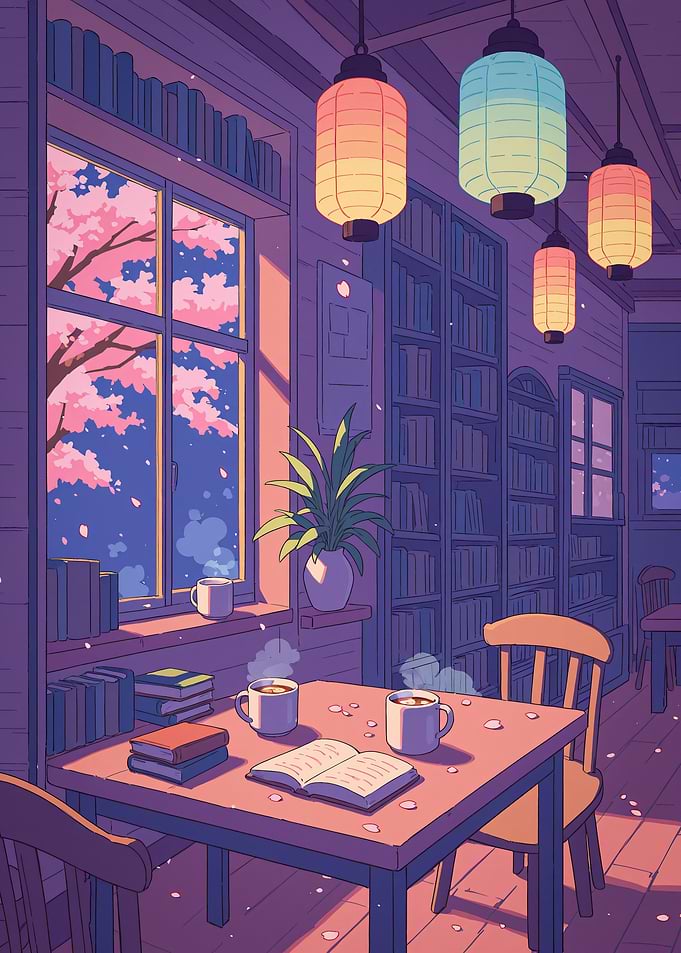 Anime Cozy Library Interior with Cherry Blossoms Sakura