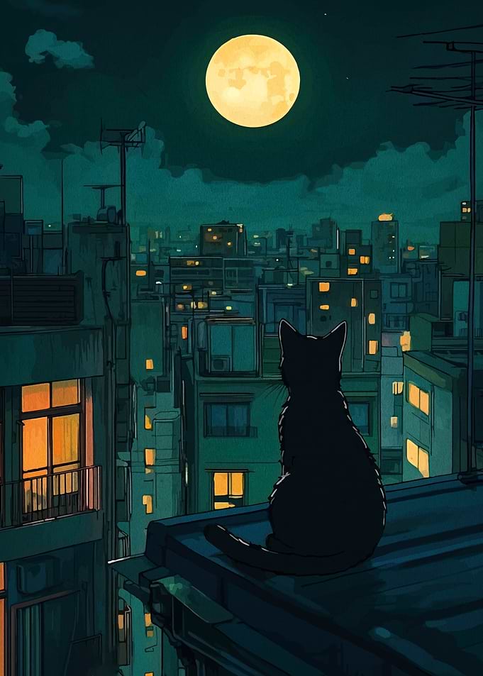 Cat on Rooftop Under Moonlight