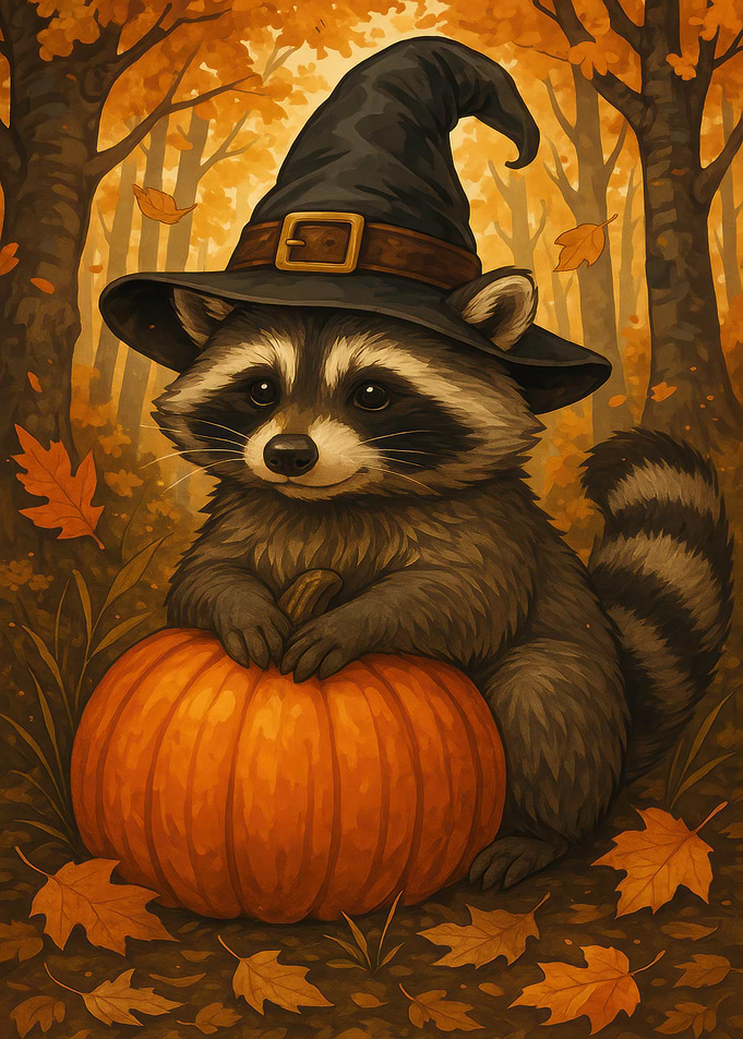 Raccoon Witch with Pumpkin in Autumn