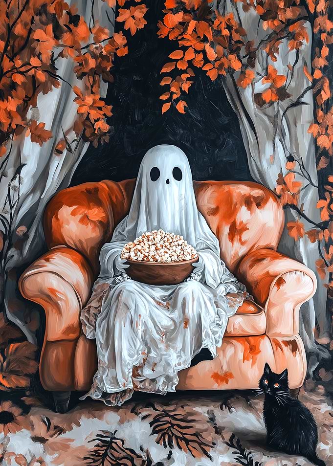 Ghost with Popcorn and Black Cat