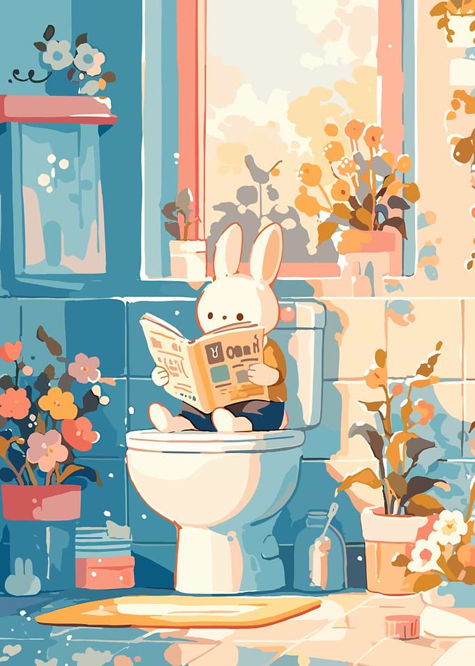 Rabbit Reading Newspaper in Bathroom