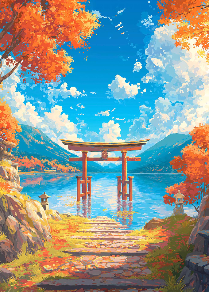 Japanese Torii Gate in Autumn Landscape