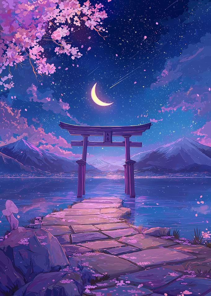 Torii Gate Night Moon Cherry Blossoms