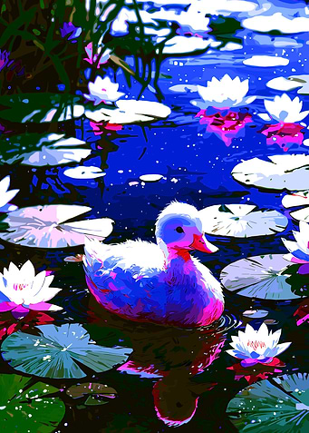 Duckling in Water Lilies Pond