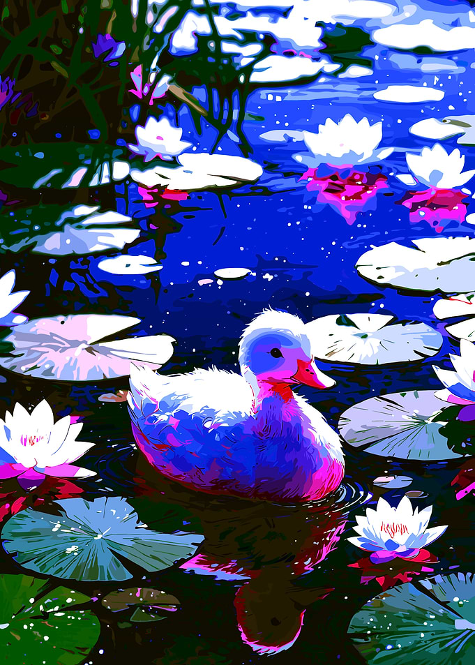 Duckling in Water Lilies Pond