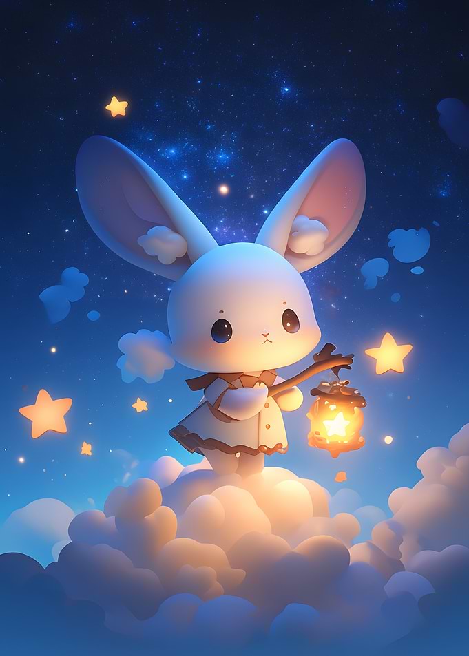 Cute Bunny with Lantern on Clouds