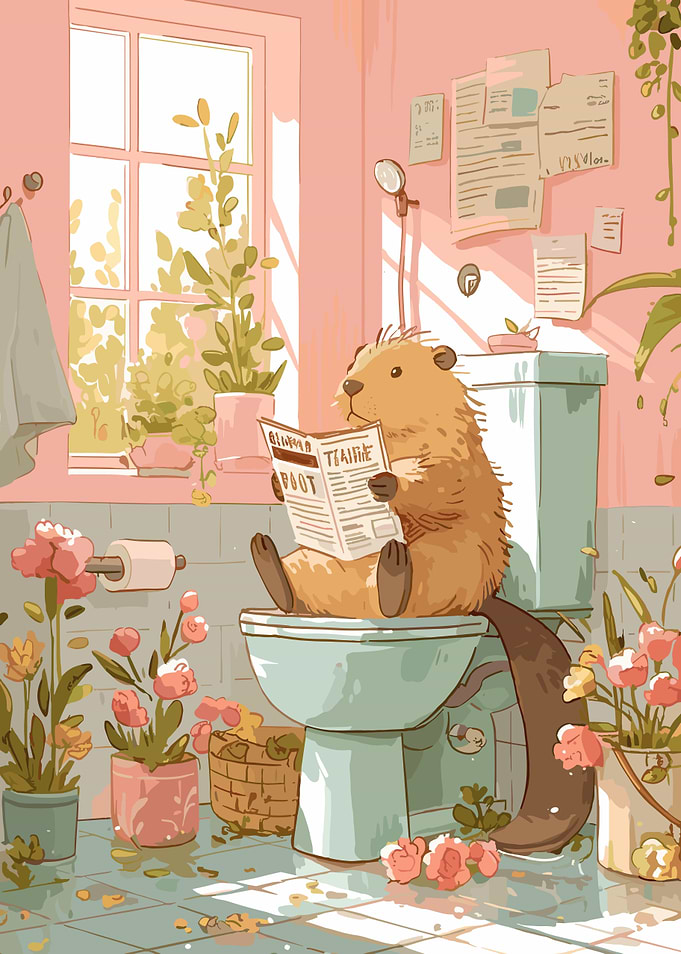 Beaver reading newspaper on toilet
