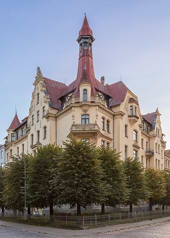 Art Nouveau Building with Red Roof. Alberta street 12, Riga, Latvia.